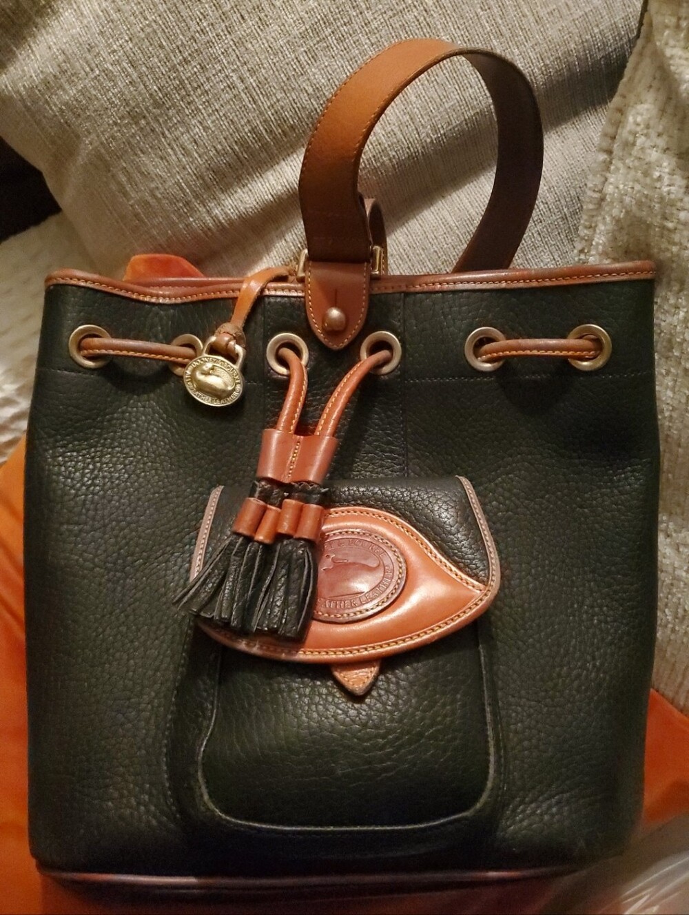 Dooney & Bourke Black and Brown Pebble Leather Drawstring Shoulder Bag